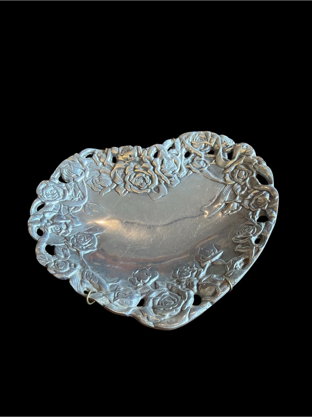 Pewter Heart Plate Wine Plate Dish Rose Vine Trimmed Trinket Vanity Tray Plate